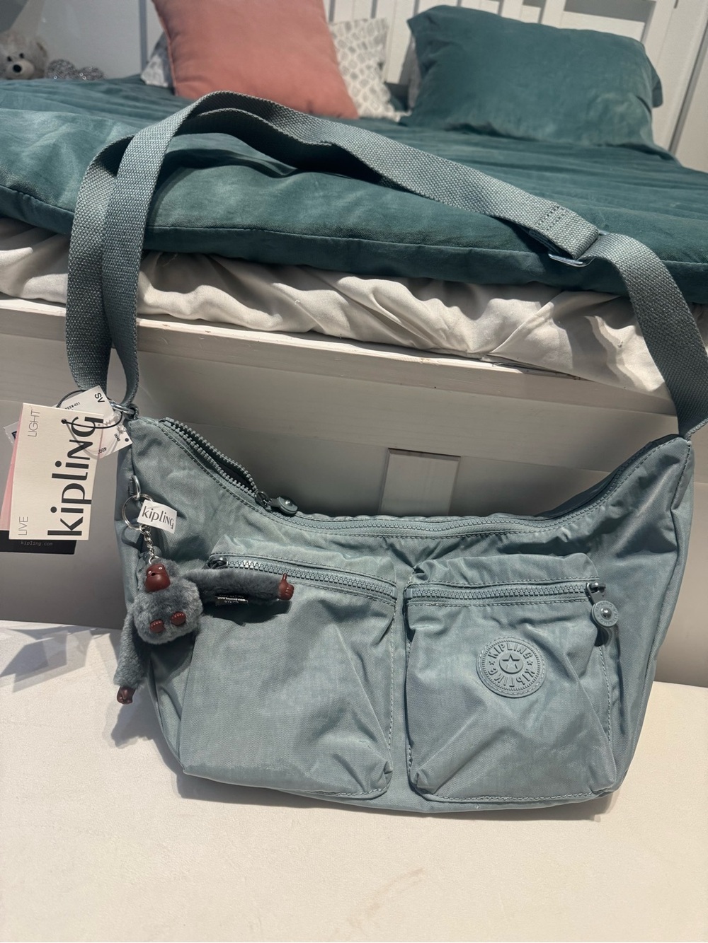 Kipling Dusty Blue Crossbody Bag with Monkey Charm